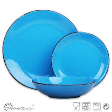 18PCS Dinner Set Esmalte Azul Sólido com Aro